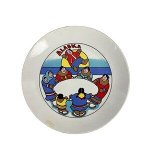 Alaska Souvenir Decorative Plate Circle of Dancing Eskimos Ceramic 8.5" Japan